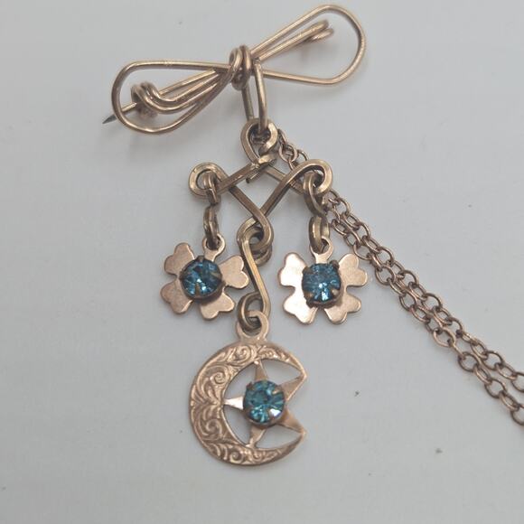 Victorian Antique Chain Brooch Gold Filled Moon Flowers Blue Topaz Glass Unique - Picture 2 of 8